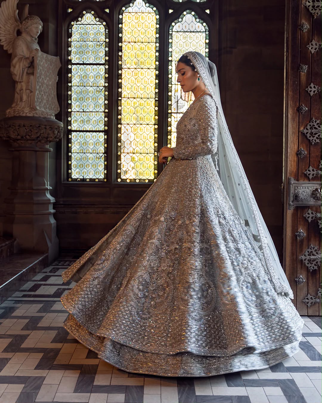 Inspired by Zain Hashmi Ice Blue Hand Embellished Net Bridal Gown Pishwas