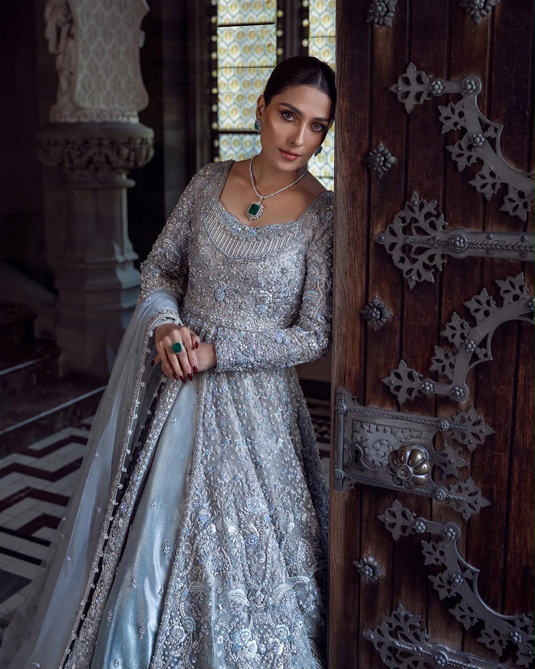 Inspired by Zain Hashmi Ice Blue Hand Embellished Net Bridal Gown Pishwas