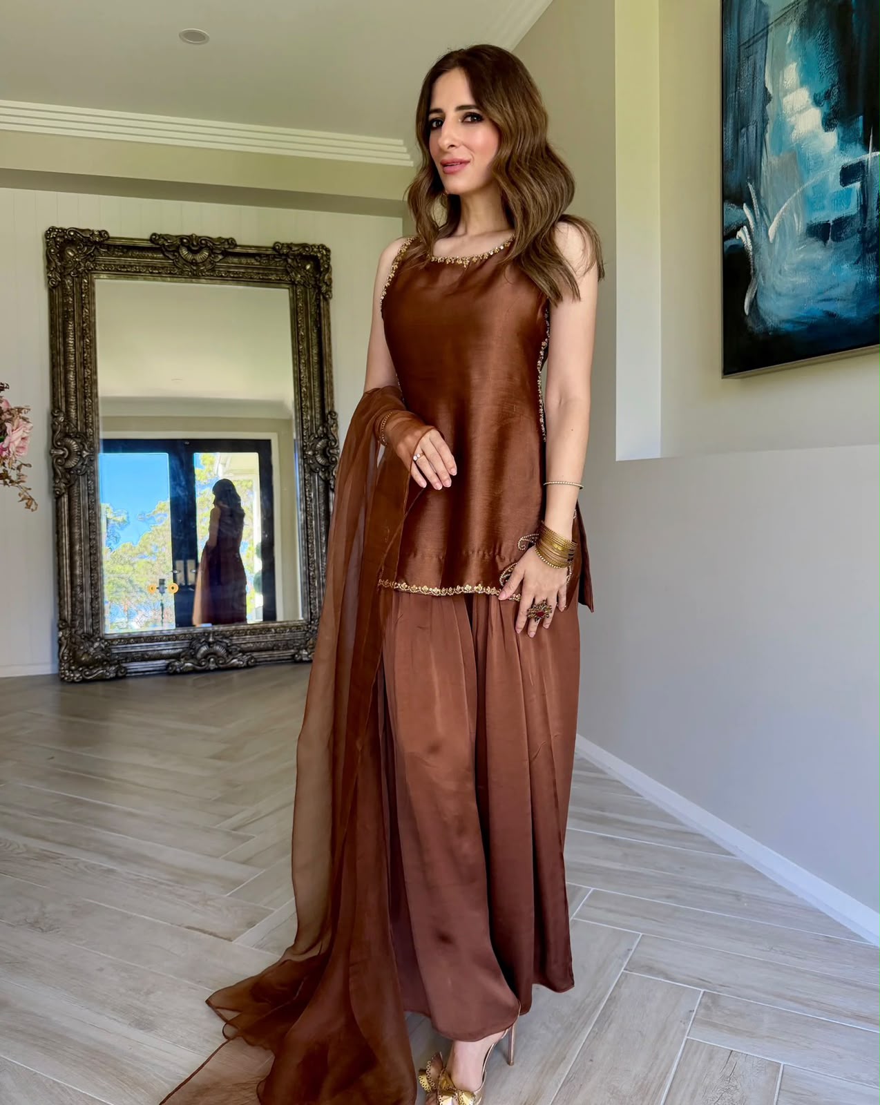 Rabbia Couture Inspired Brown Silk Embroidered Suit | Clothesforum