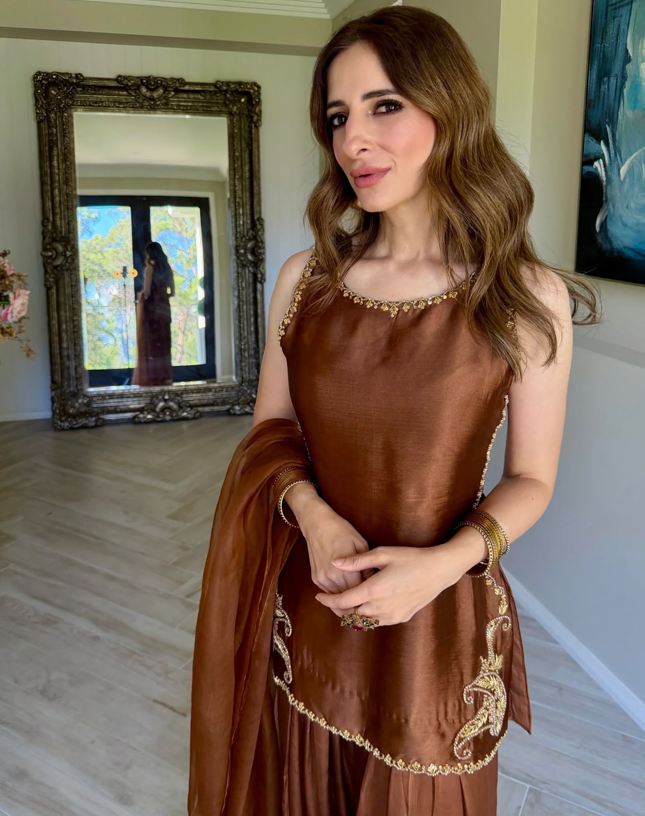 Rabbia Couture Inspired Brown Silk Embroidered Suit | Clothesforum