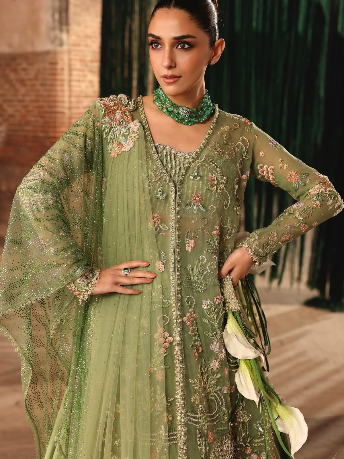 Crimson Mint Green Net Embroidered Lehenga | Designer Suit