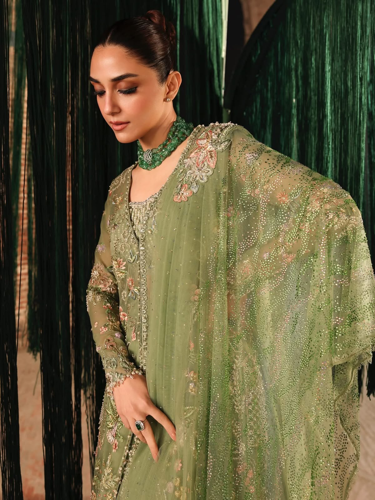 Crimson Mint Green Net Embroidered Lehenga | Designer Suit