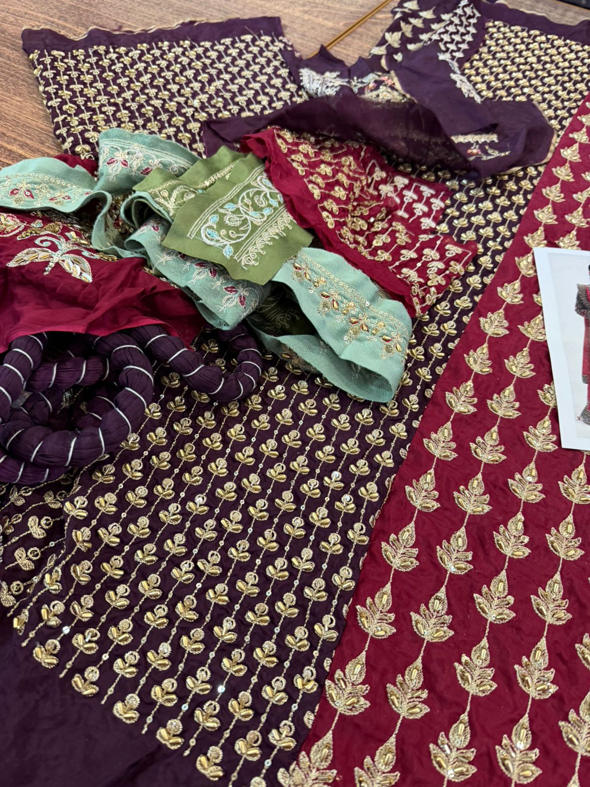 Maria B Fuchsia Pink & Plum Velvet Embroidered Luxury Wedding Sharara Suit