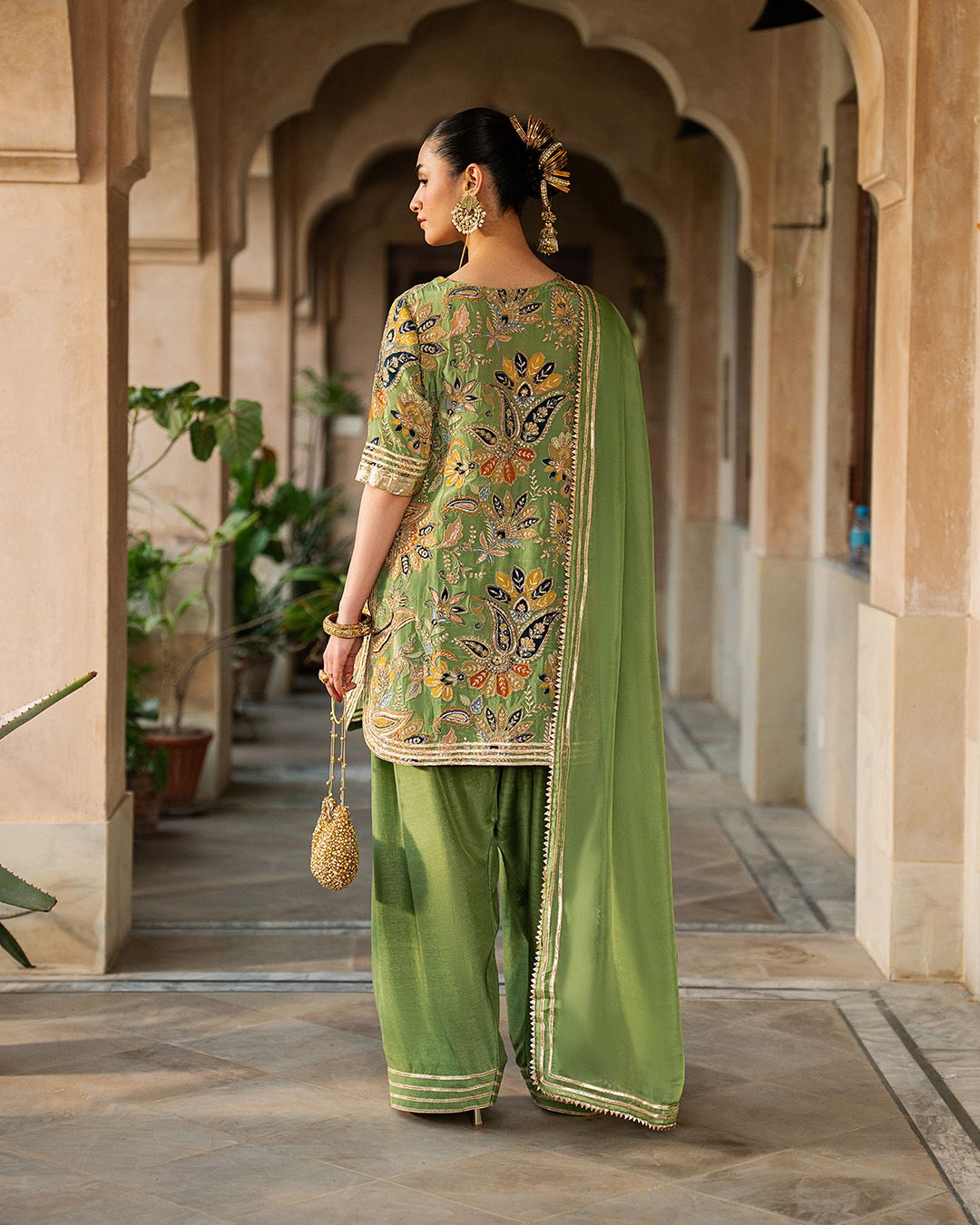 Maria B Green Raw Silk Embroidered Luxury Wedding Farshi Shalwar Suit