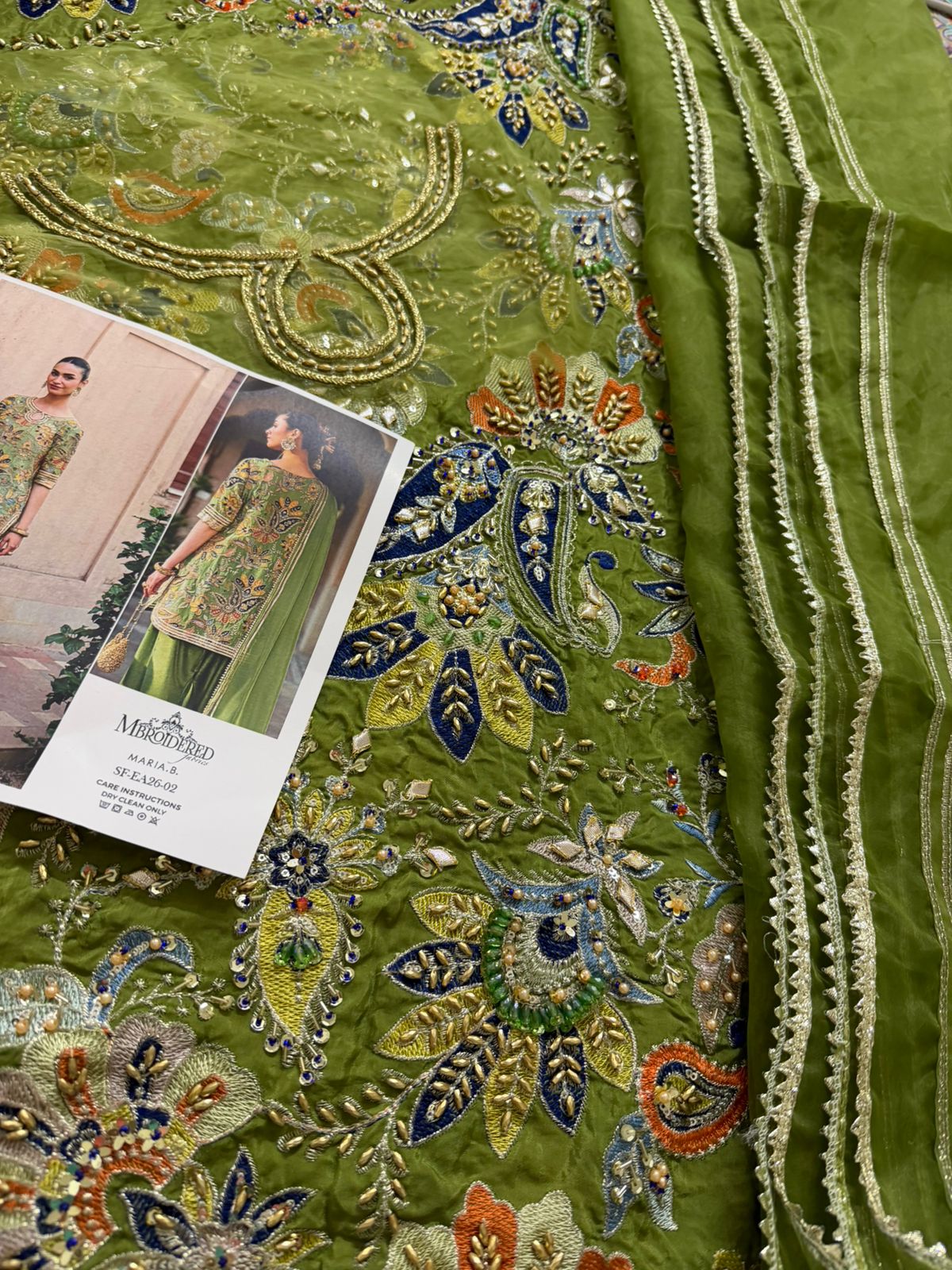 Maria B Green Raw Silk Embroidered Luxury Wedding Farshi Shalwar Suit