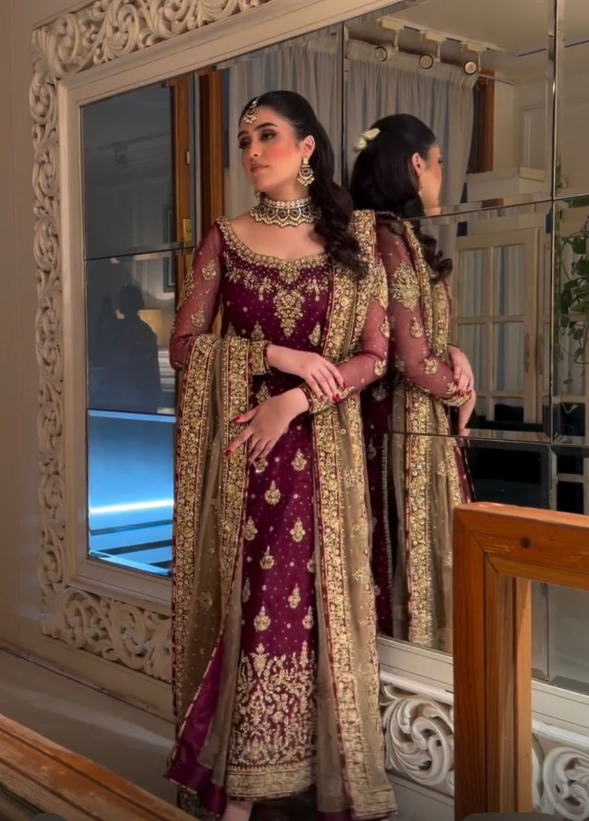 Haris Shakeel Deep Wine Embroidered Organza Luxury Wedding Suit