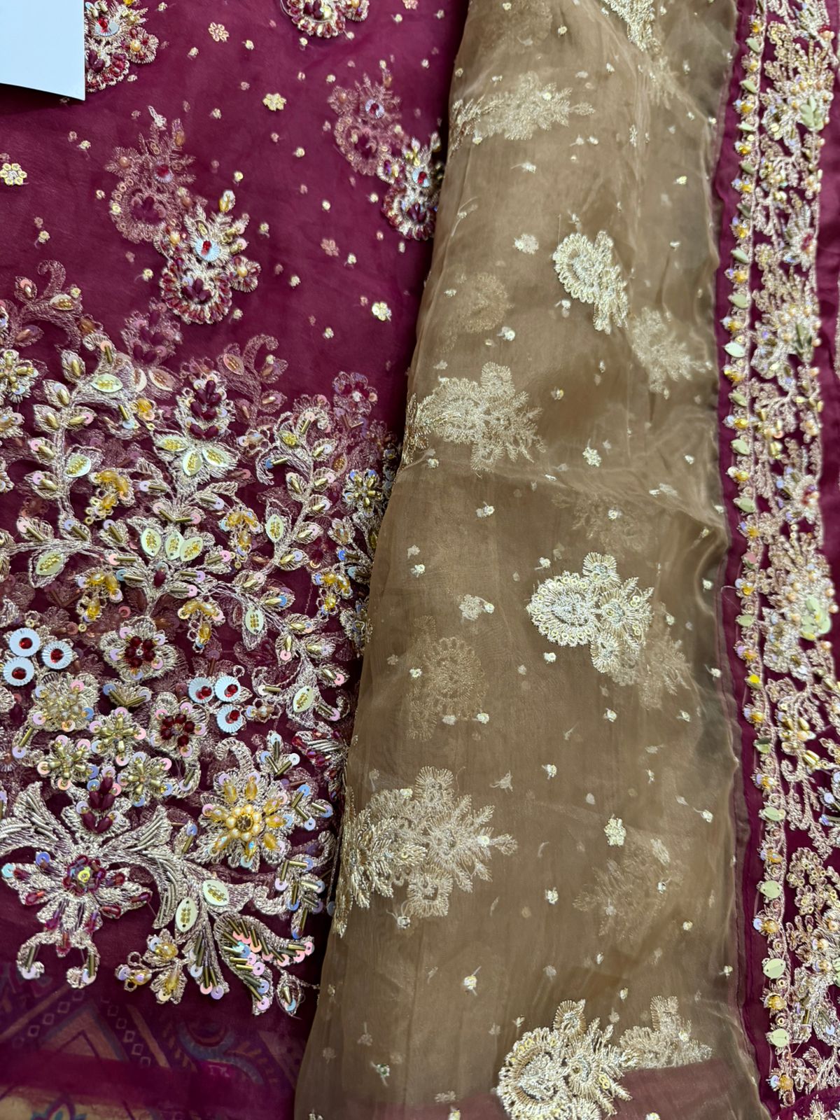 Haris Shakeel Deep Wine Embroidered Organza Luxury Wedding Suit