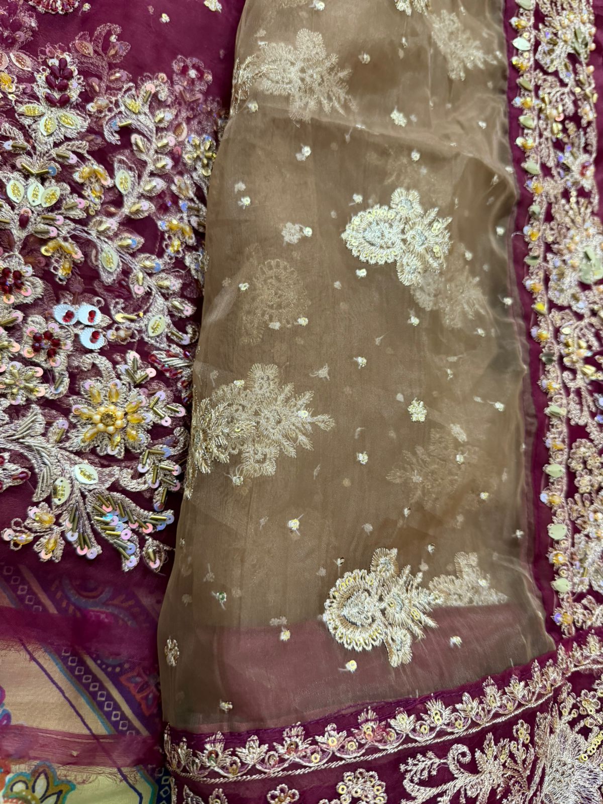 Haris Shakeel Deep Wine Embroidered Organza Luxury Wedding Suit