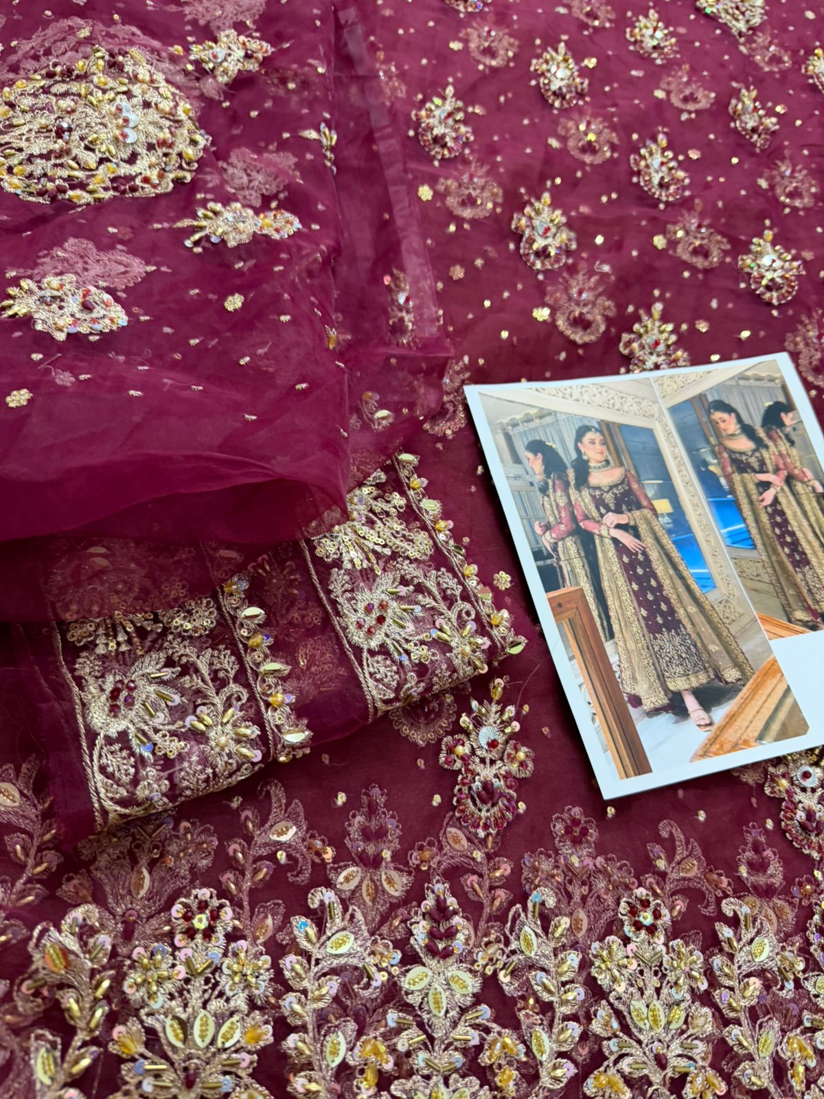 Haris Shakeel Deep Wine Embroidered Organza Luxury Wedding Suit