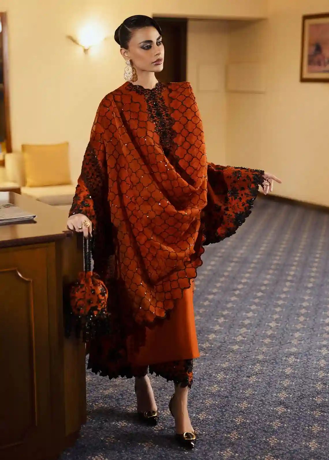 Hussain Rehar Rust Raw Silk Luxury Embroidered Festive Suit