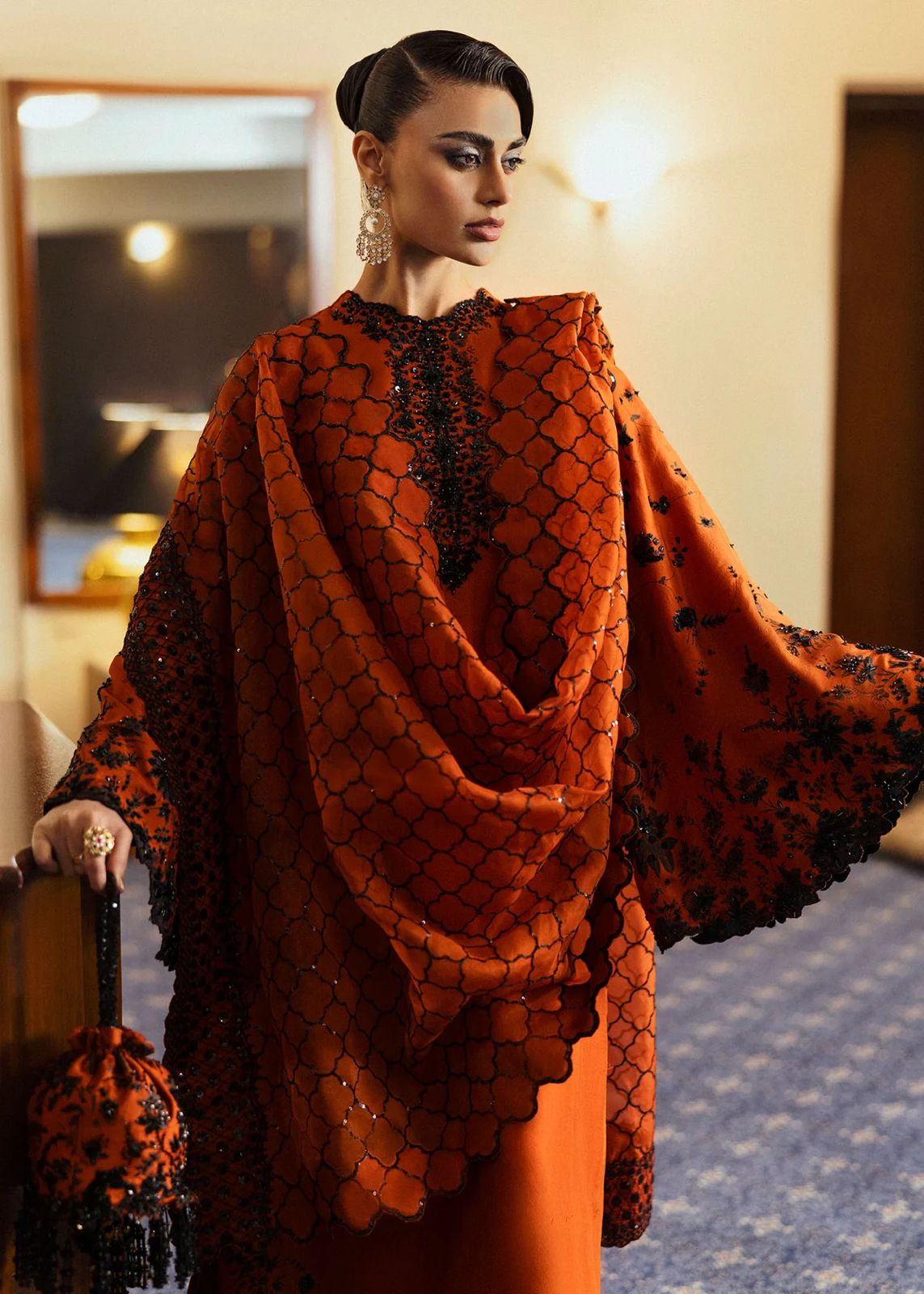 Hussain Rehar Rust Raw Silk Luxury Embroidered Festive Suit