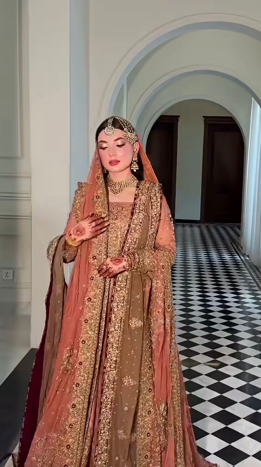 Haris Shakeel Coral Gold & Maroon Silk Embroidered Bridal Lehenga Set