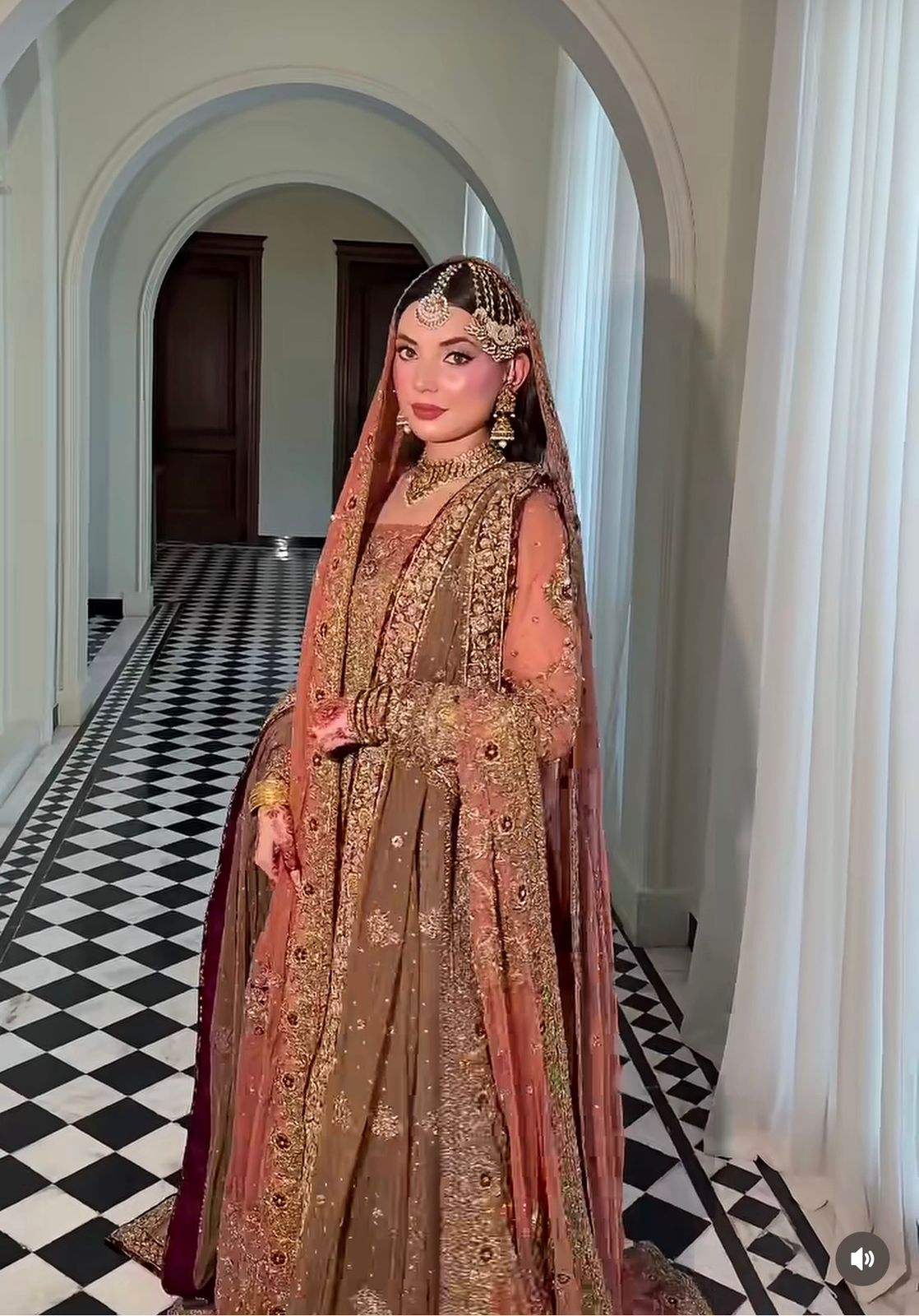 Haris Shakeel Coral Gold & Maroon Silk Embroidered Bridal Lehenga Set