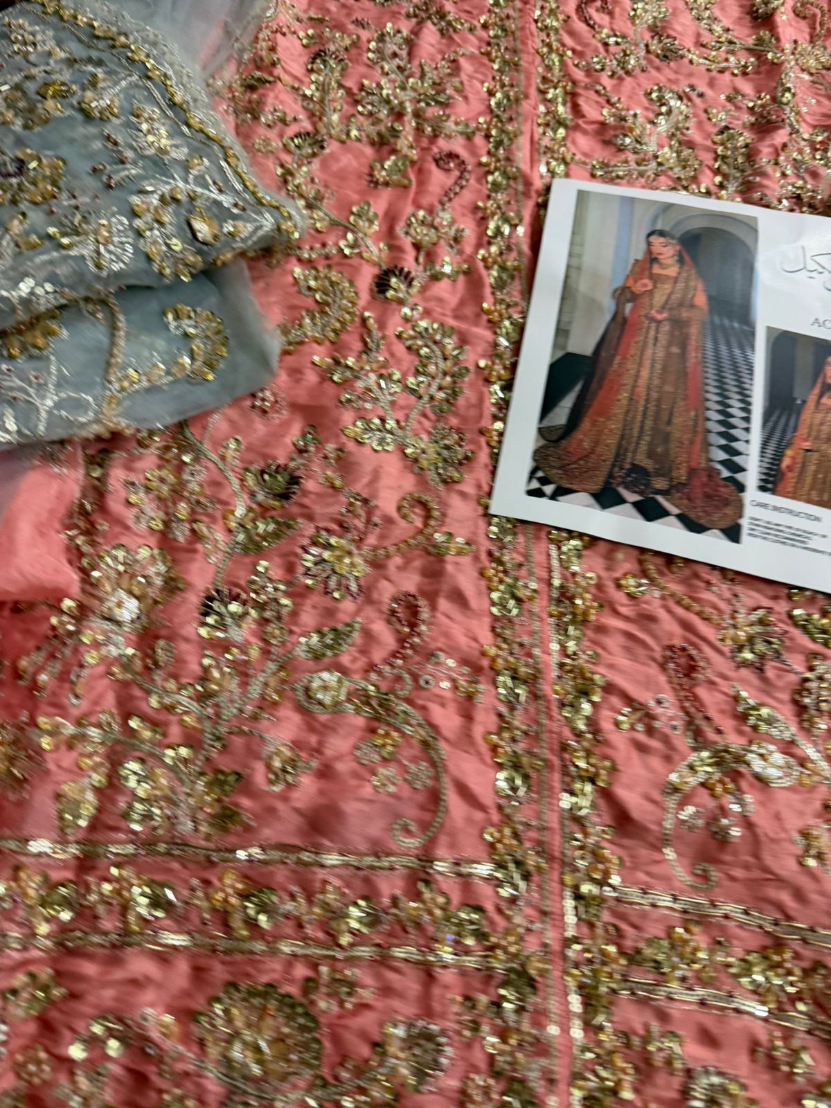 Haris Shakeel Coral Gold & Maroon Silk Embroidered Bridal Lehenga Set