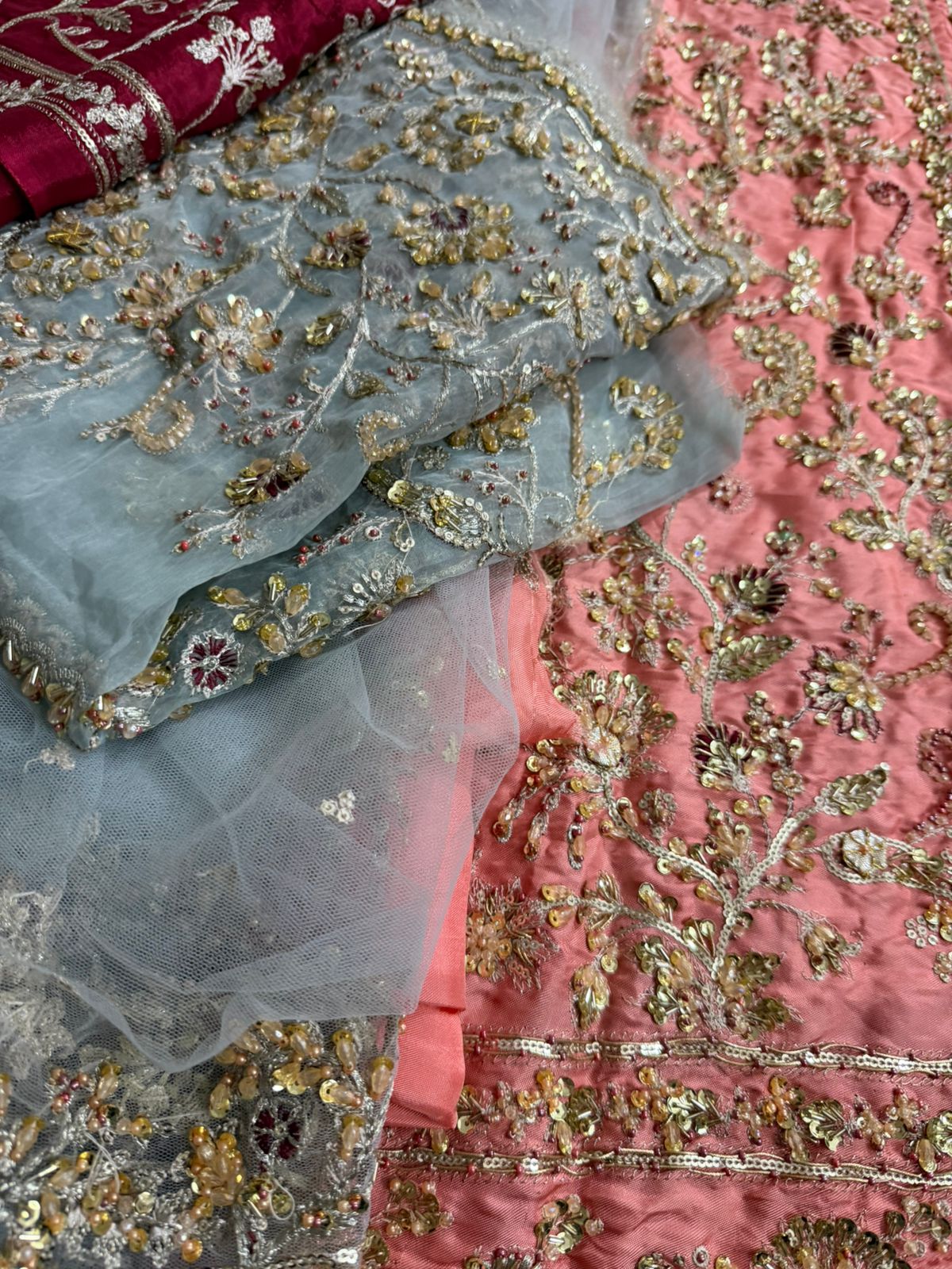 Haris Shakeel Coral Gold & Maroon Silk Embroidered Bridal Lehenga Set