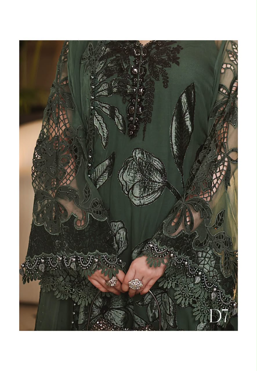 Maria B Luxury Emerald Green Velvet Appliqué Chiffon Suit