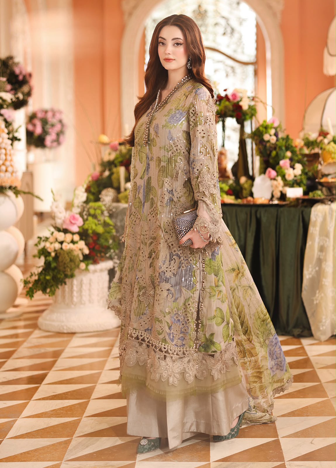 Maria B Coffee Printed Chiffon Luxury Formal Suit