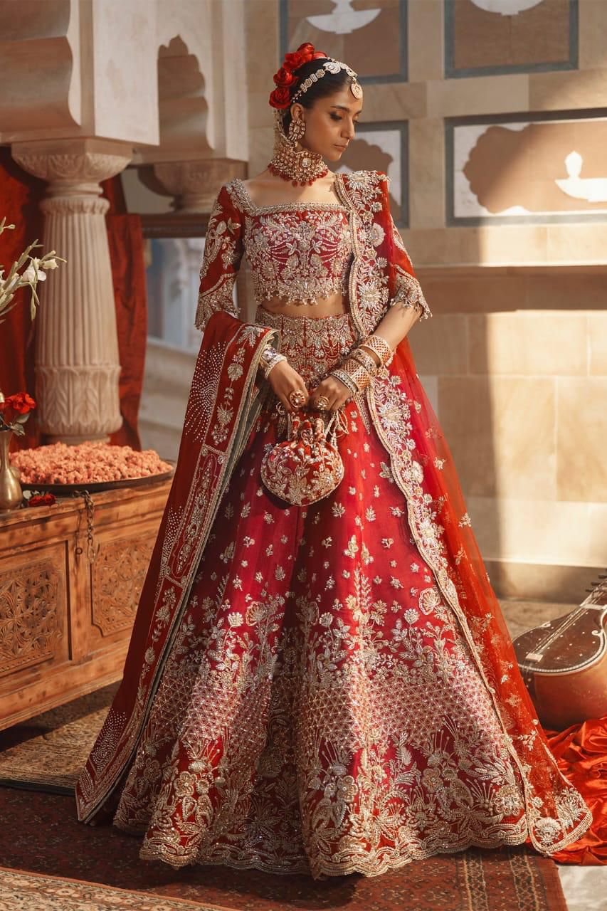 Nayra Red Bridal Chiffon Ensemble – Hand Embellished Lehenga, Blouse & Dupatta