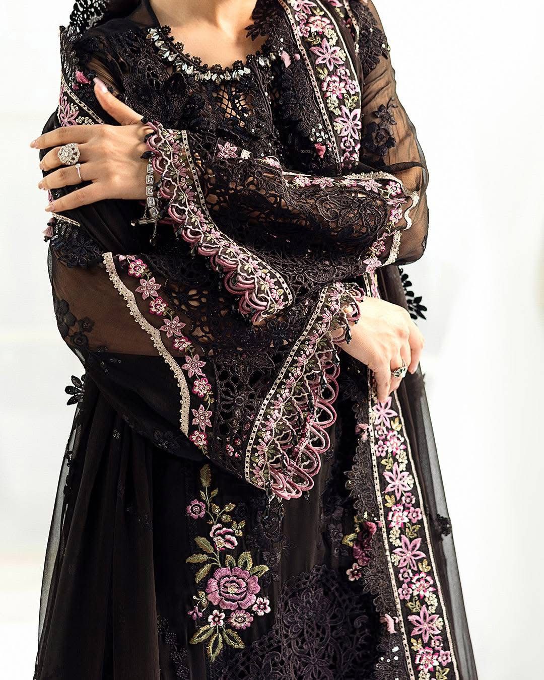 Maria B Black Chiffon Wedding Edition – Embroidered Shirt, Dupatta & Trousers