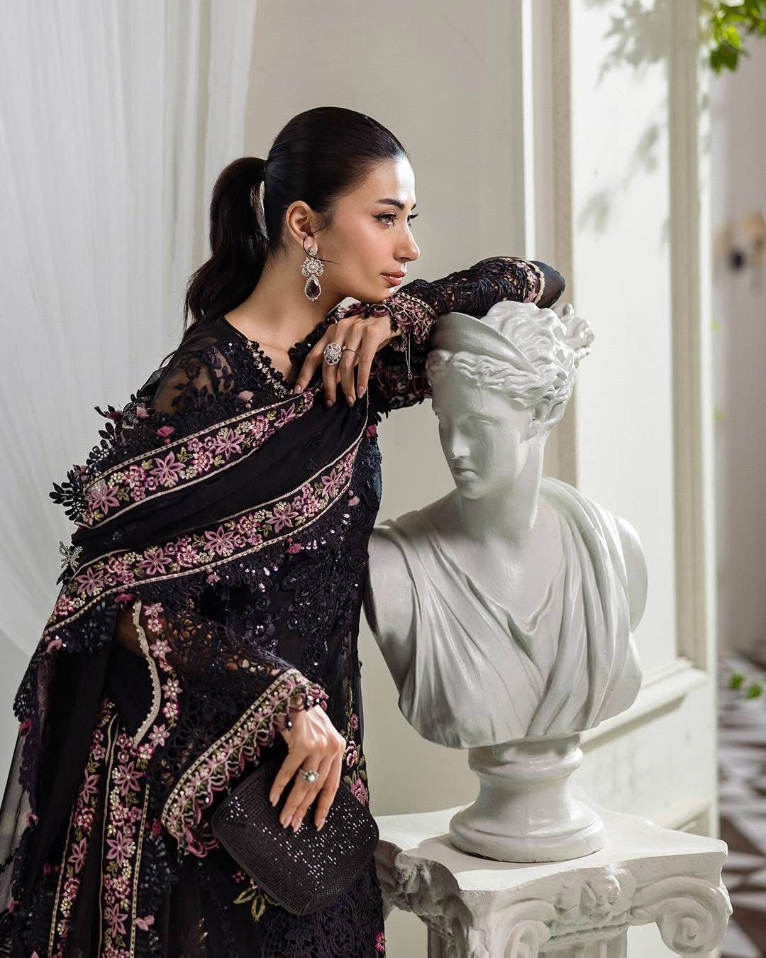 Maria B Black Chiffon Wedding Edition – Embroidered Shirt, Dupatta & Trousers
