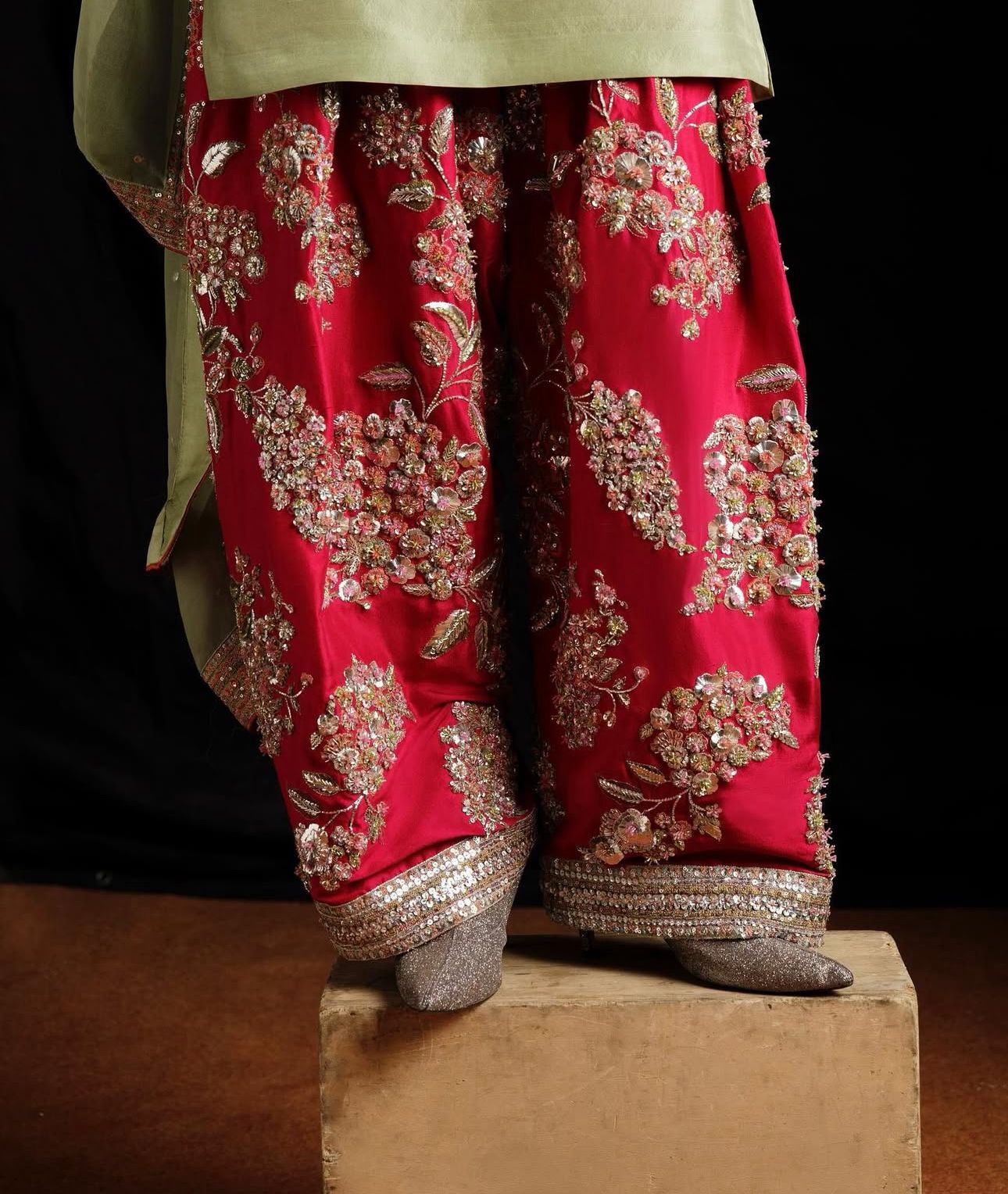 Hussain Rehar Wedding Edition – Pista Green & Red Chiffon Ensemble