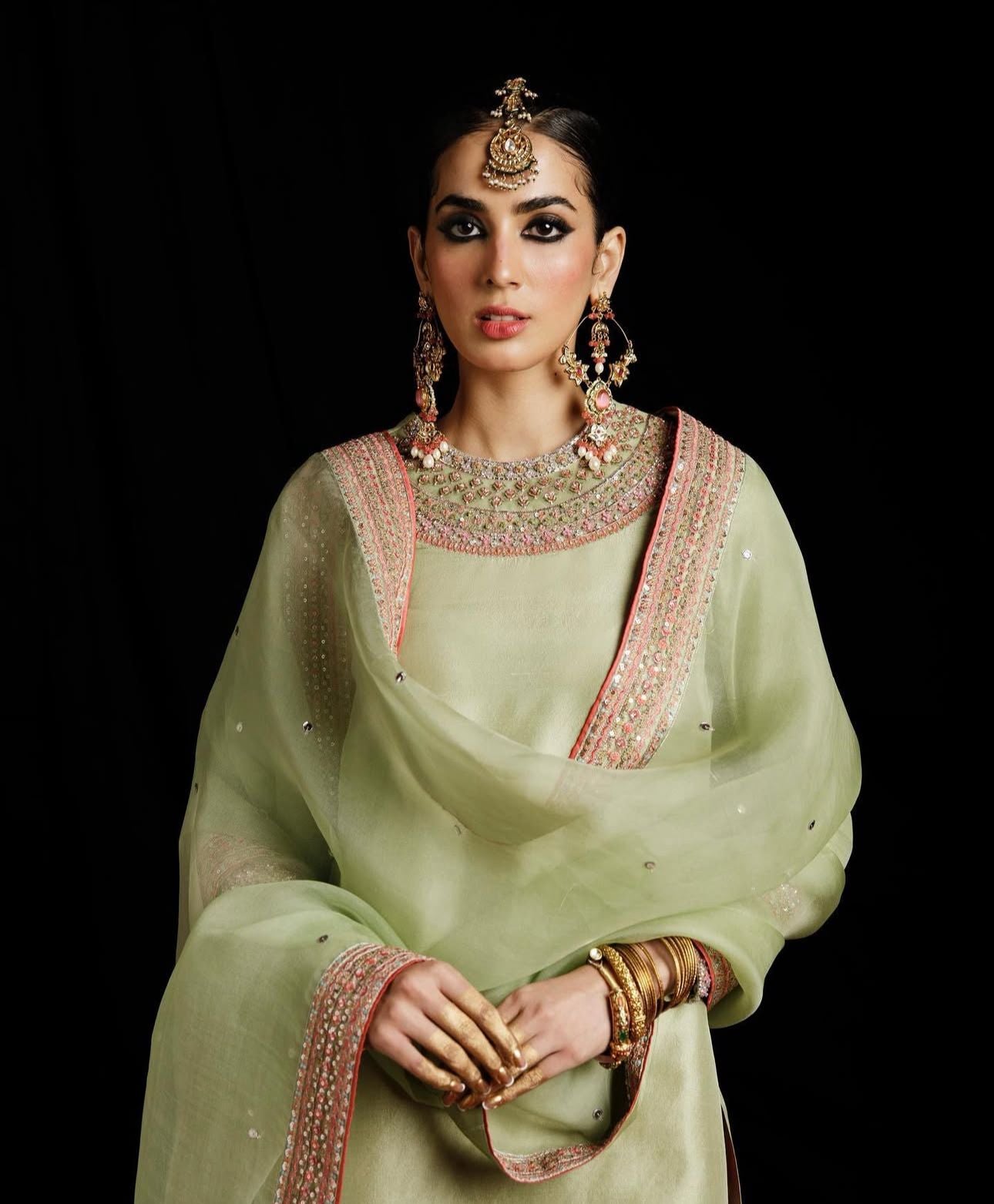 Hussain Rehar Wedding Edition – Pista Green & Red Chiffon Ensemble