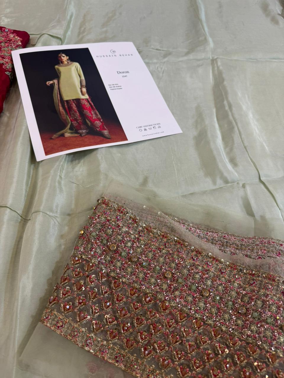 Hussain Rehar Wedding Edition – Pista Green & Red Chiffon Ensemble