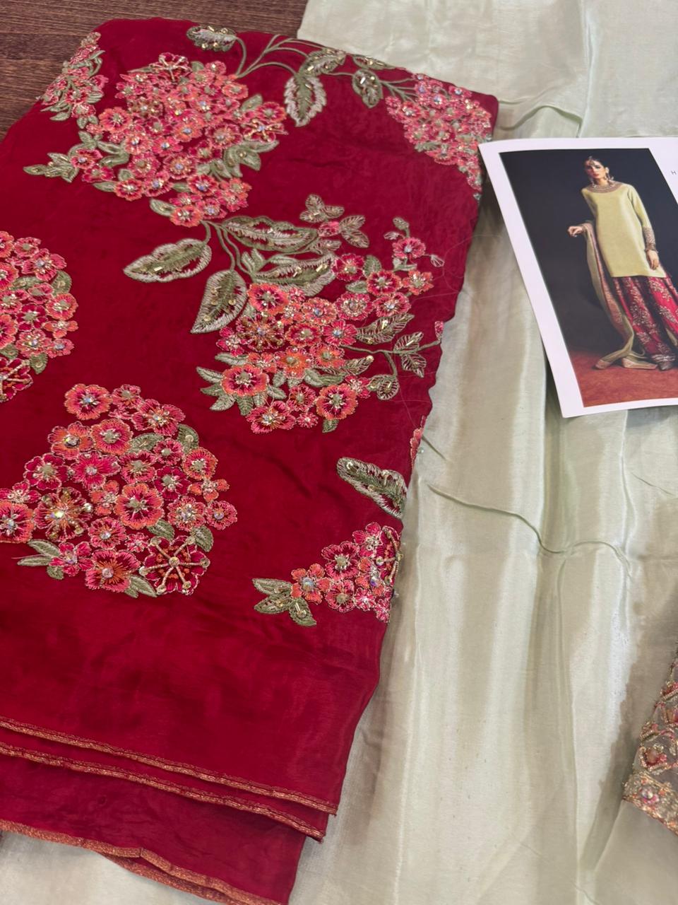 Hussain Rehar Wedding Edition – Pista Green & Red Chiffon Ensemble