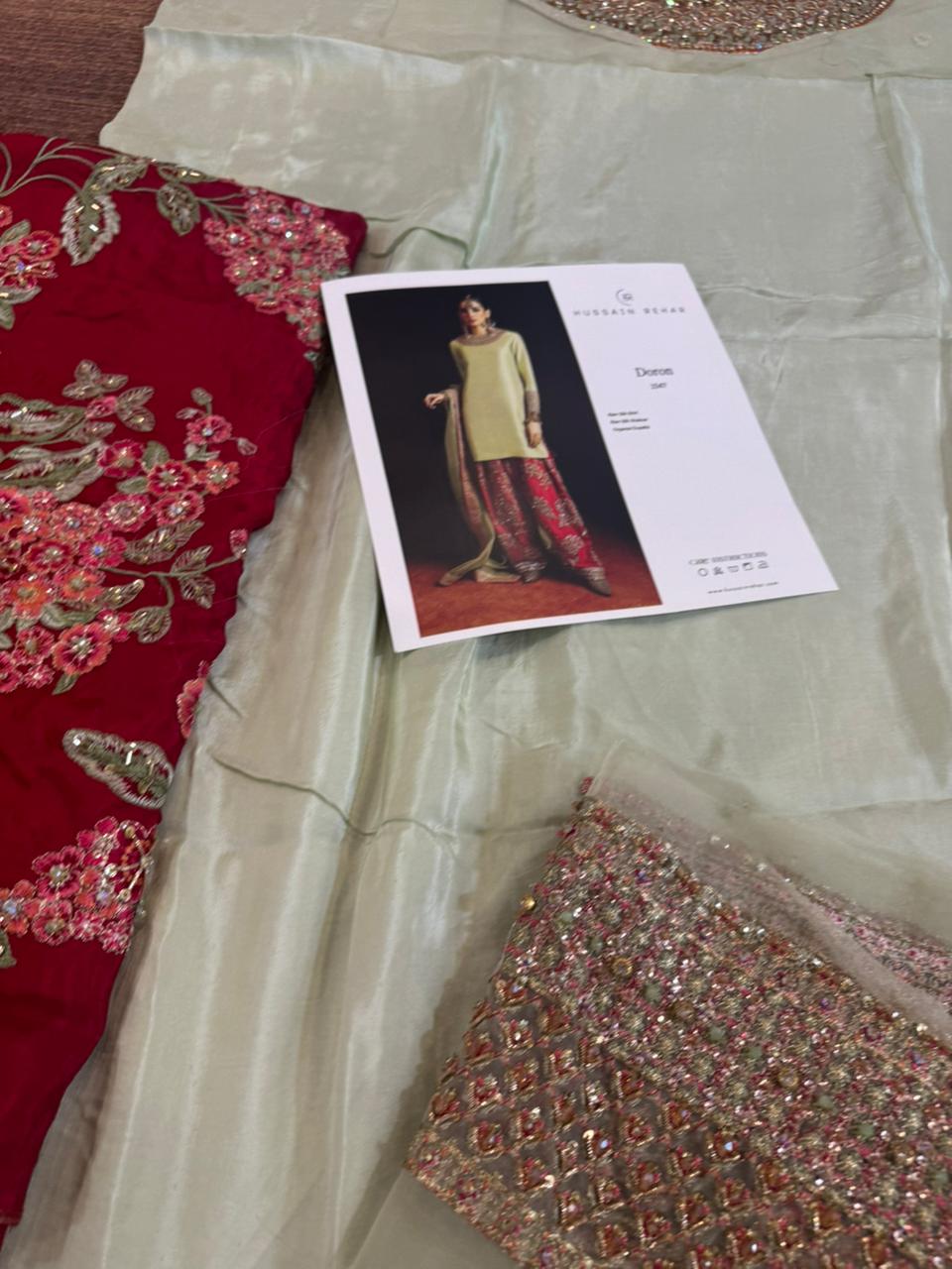 Hussain Rehar Wedding Edition – Pista Green & Red Chiffon Ensemble