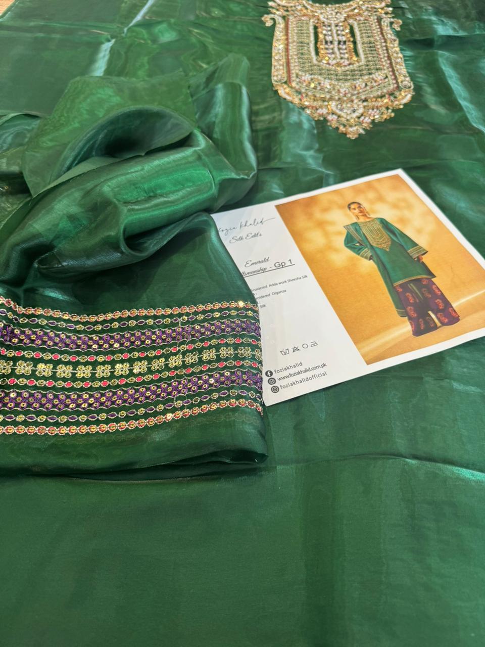 Fozia Khalid Winter Collection – Emerald Green Silk Embroidered Kurta Set