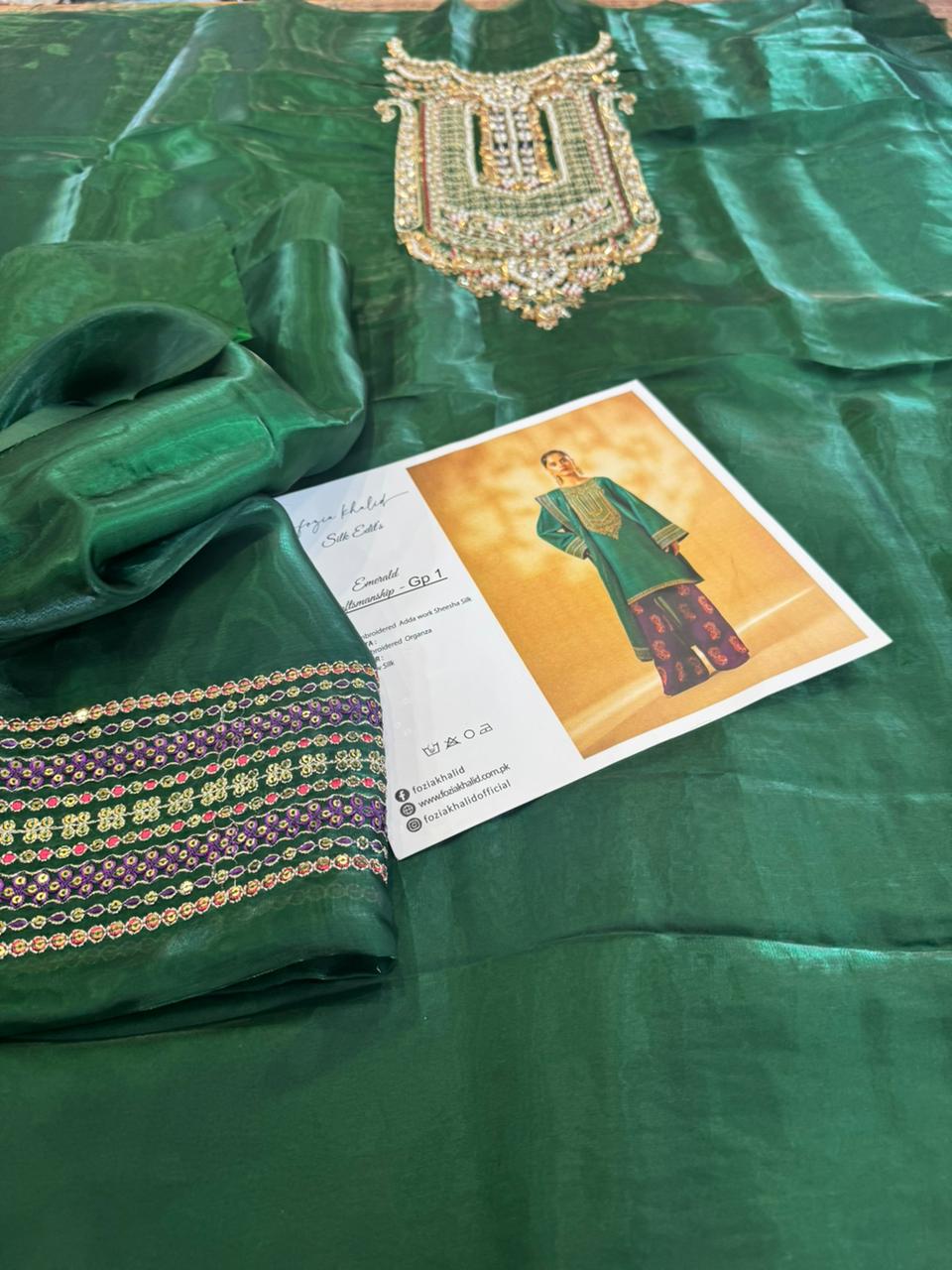 Fozia Khalid Winter Collection – Emerald Green Silk Embroidered Kurta Set