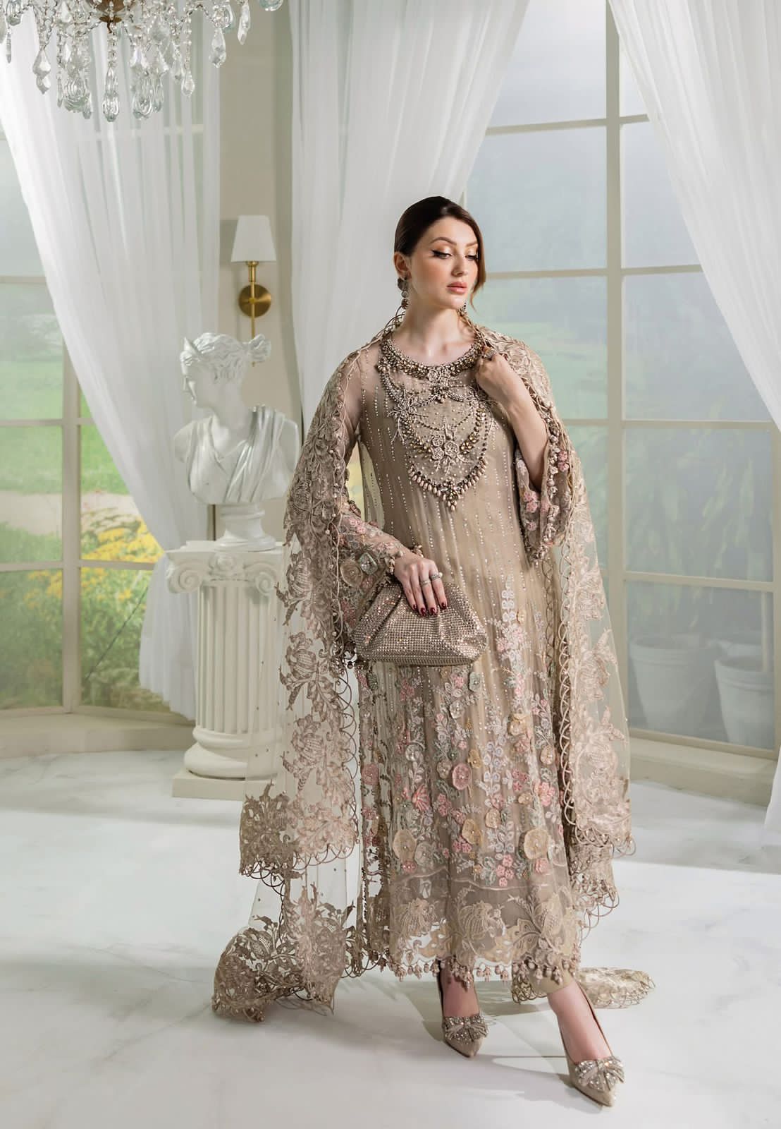 Maria.B Luxury Coffee Chiffon Formal – 3D Embroidered & Hand Embellished Ensemble