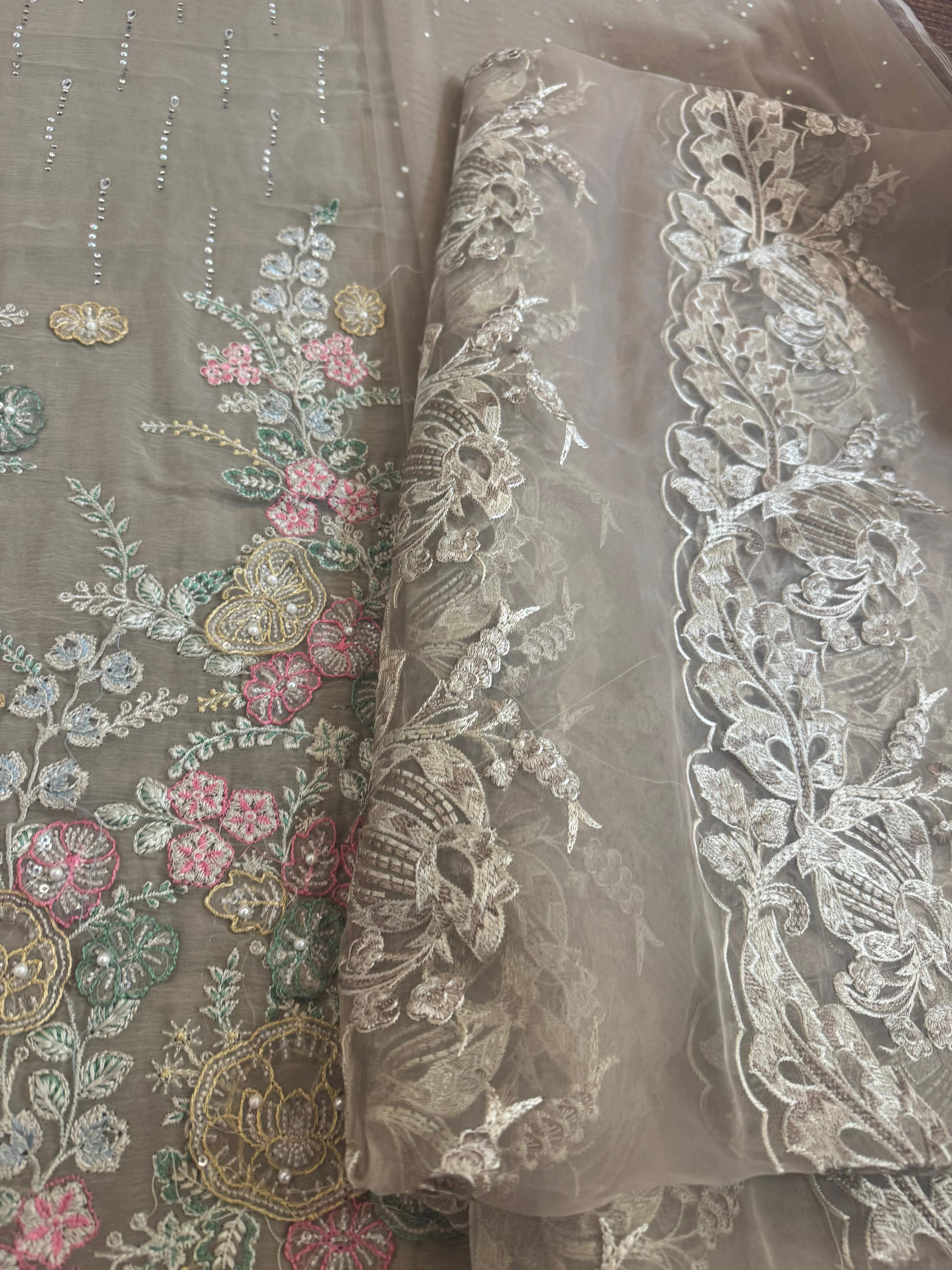 Maria.B Luxury Coffee Chiffon Formal – 3D Embroidered & Hand Embellished Ensemble