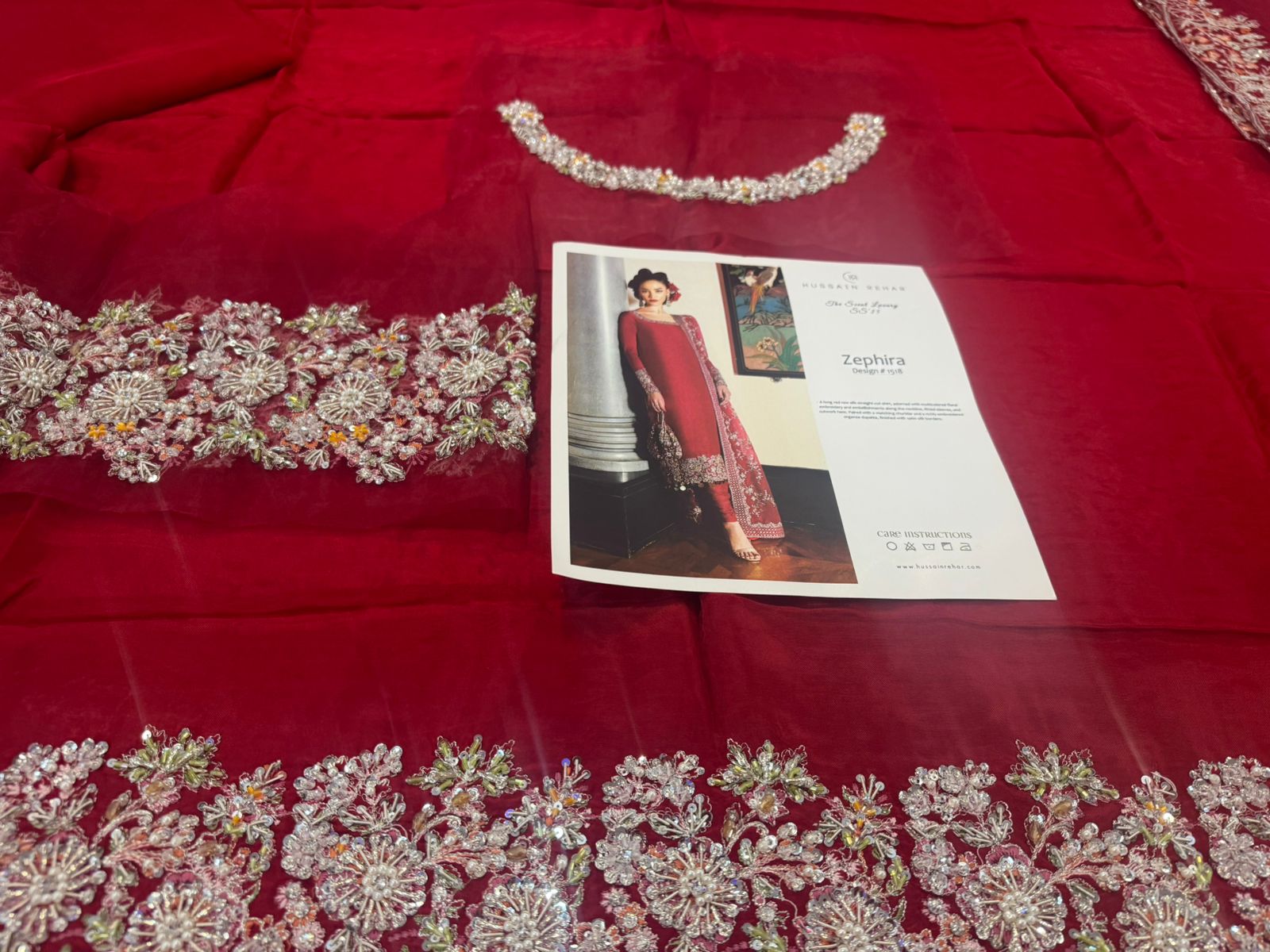 Hussain Rehar Wedding Edition Red Chiffon Bridal Ensemble with Embroidery & Beadwork