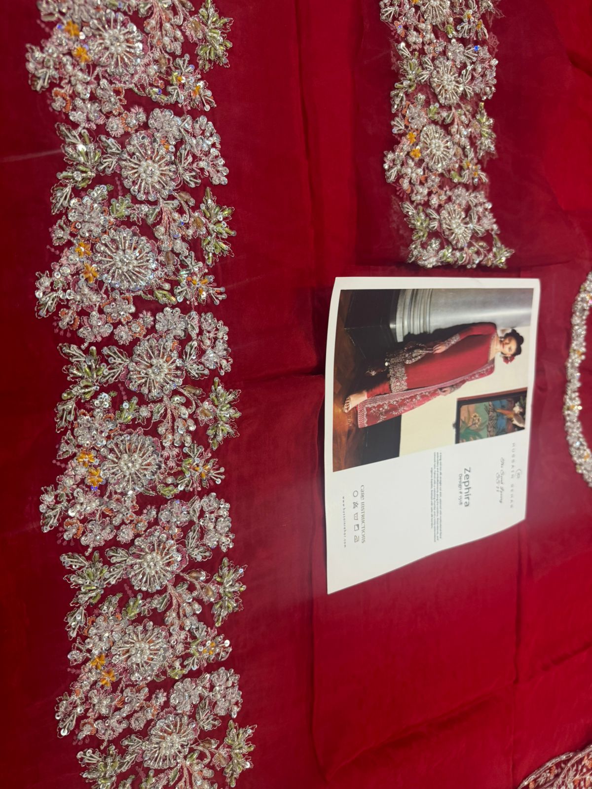 Hussain Rehar Wedding Edition Red Chiffon Bridal Ensemble with Embroidery & Beadwork