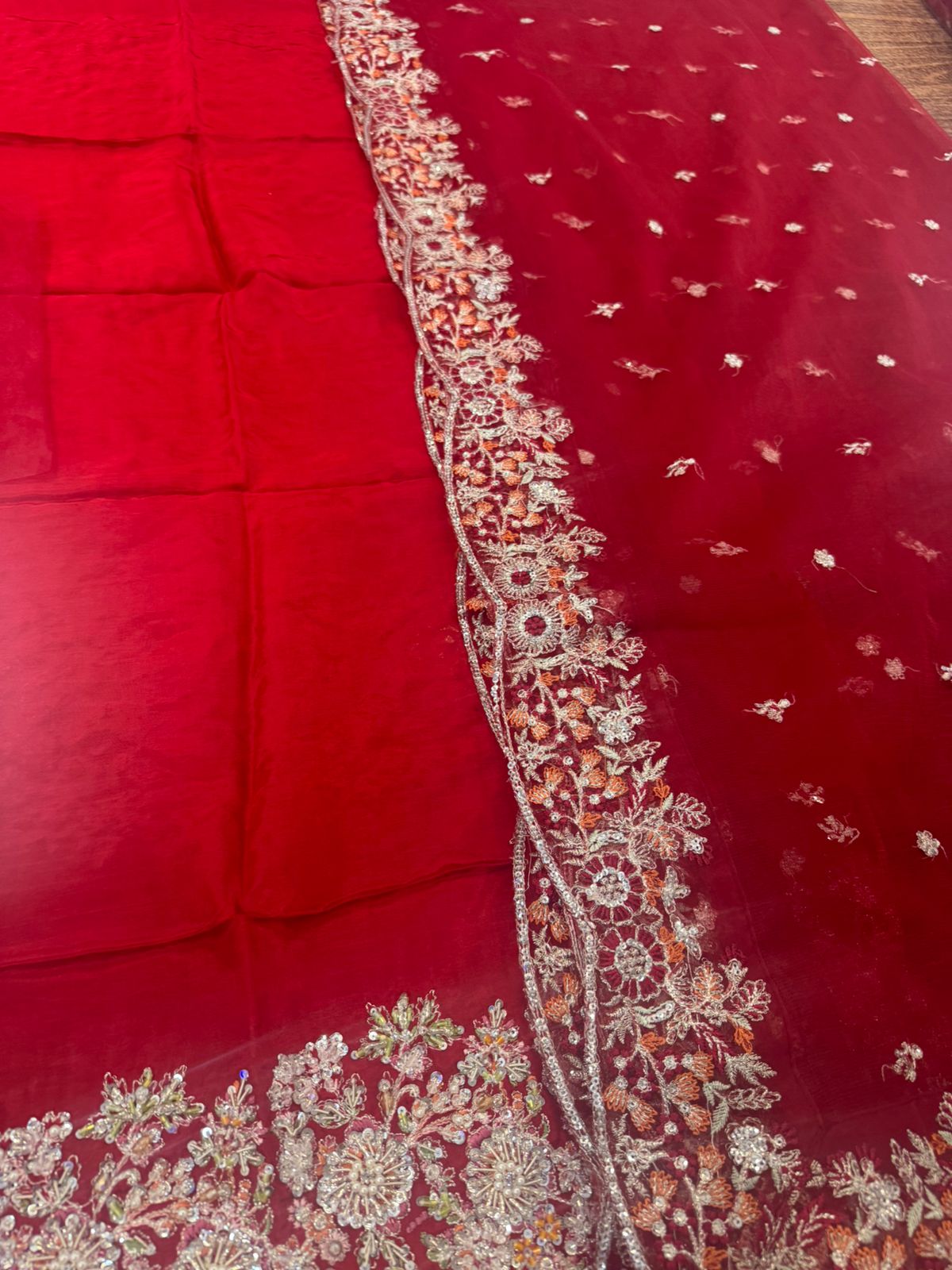 Hussain Rehar Wedding Edition Red Chiffon Bridal Ensemble with Embroidery & Beadwork
