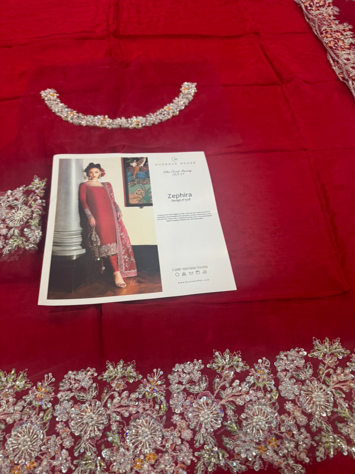 Hussain Rehar Wedding Edition Red Chiffon Bridal Ensemble with Embroidery & Beadwork
