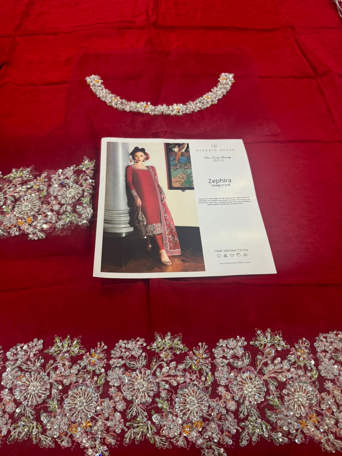 Hussain Rehar Wedding Edition Red Chiffon Bridal Ensemble with Embroidery & Beadwork