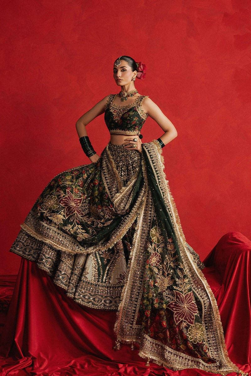 Mohsin Naveed Ranjha – Dark Green Bridal Silk Lehenga Choli