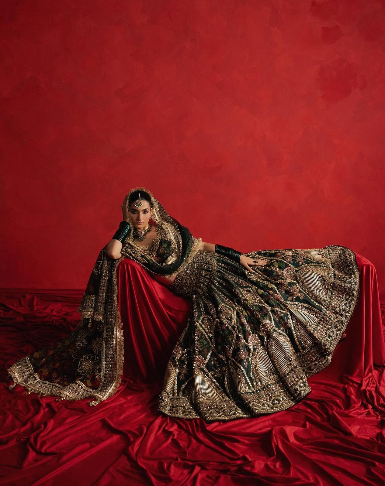 Mohsin Naveed Ranjha – Dark Green Bridal Silk Lehenga Choli