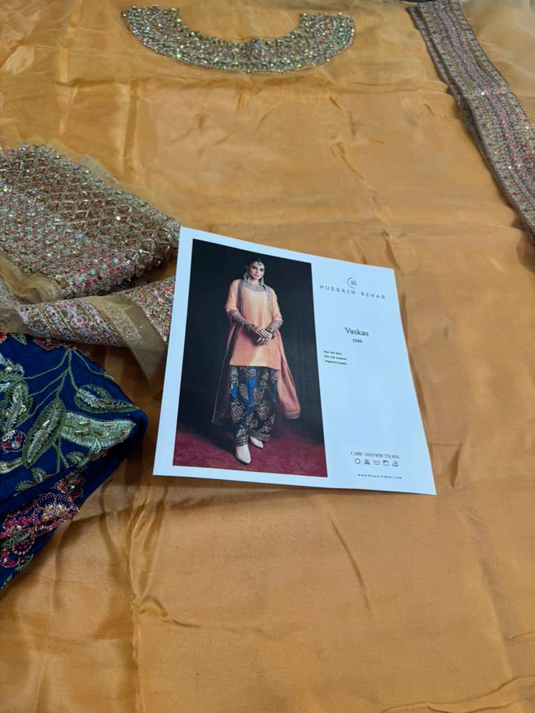Hussain Rehar Peach & Blue Raw Silk Ensemble – Hand Embellished Luxury Wedding Edition