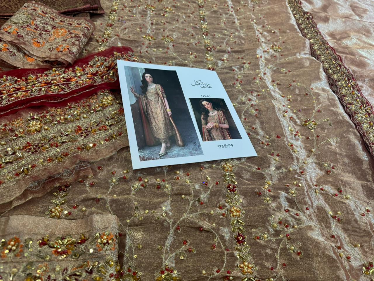 Haris Shakeel Zari Gold Lam Anghraka – Deep Bronze Silk Luxury Ensemble