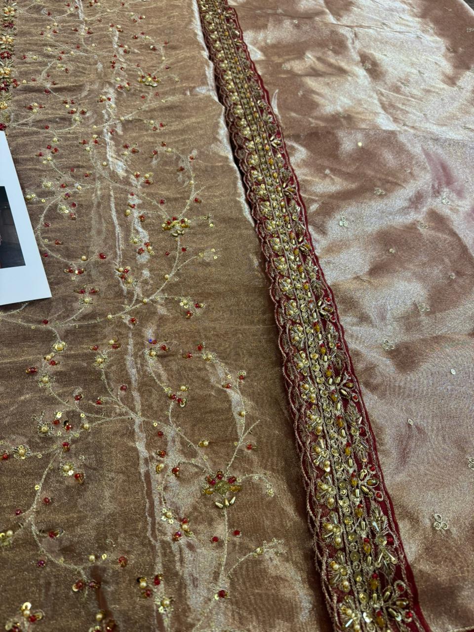 Haris Shakeel Zari Gold Lam Anghraka – Deep Bronze Silk Luxury Ensemble