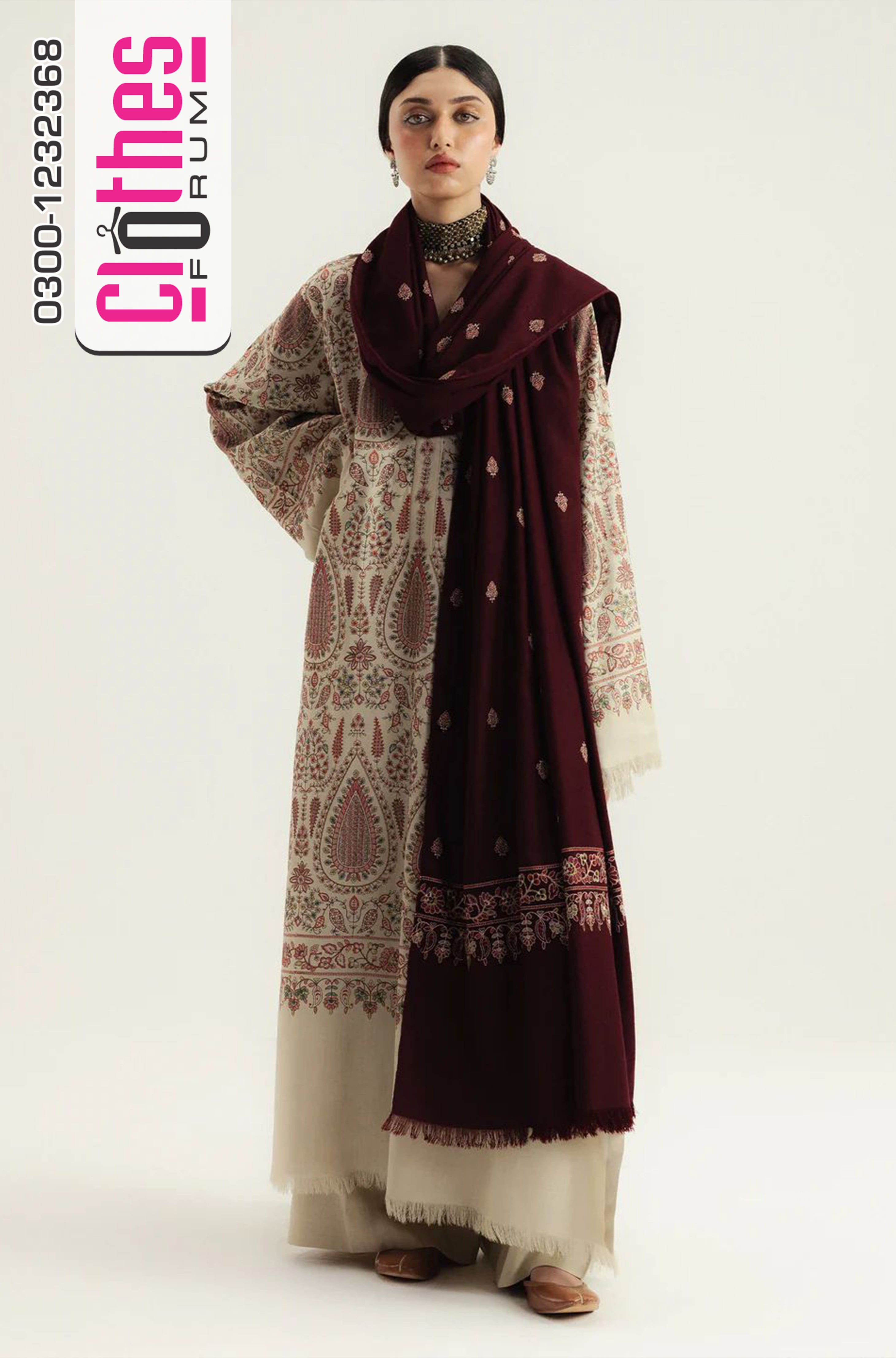 Zara Shahjahan Ivory Marina Embroidered Winter Suit with Shawl