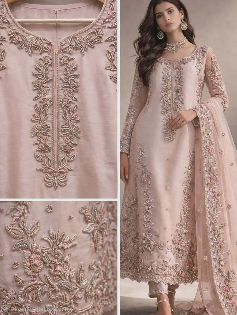 Agha Noor Blush Pink Silk Wedding Suit | Luxury Festive 3-Piece