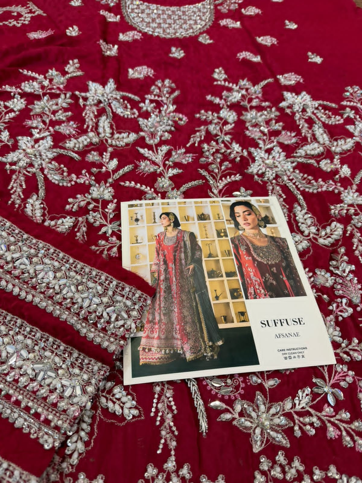 Suffuse Afsanae Maroon Silk Suit | Luxury Embroidered Wedding Wear