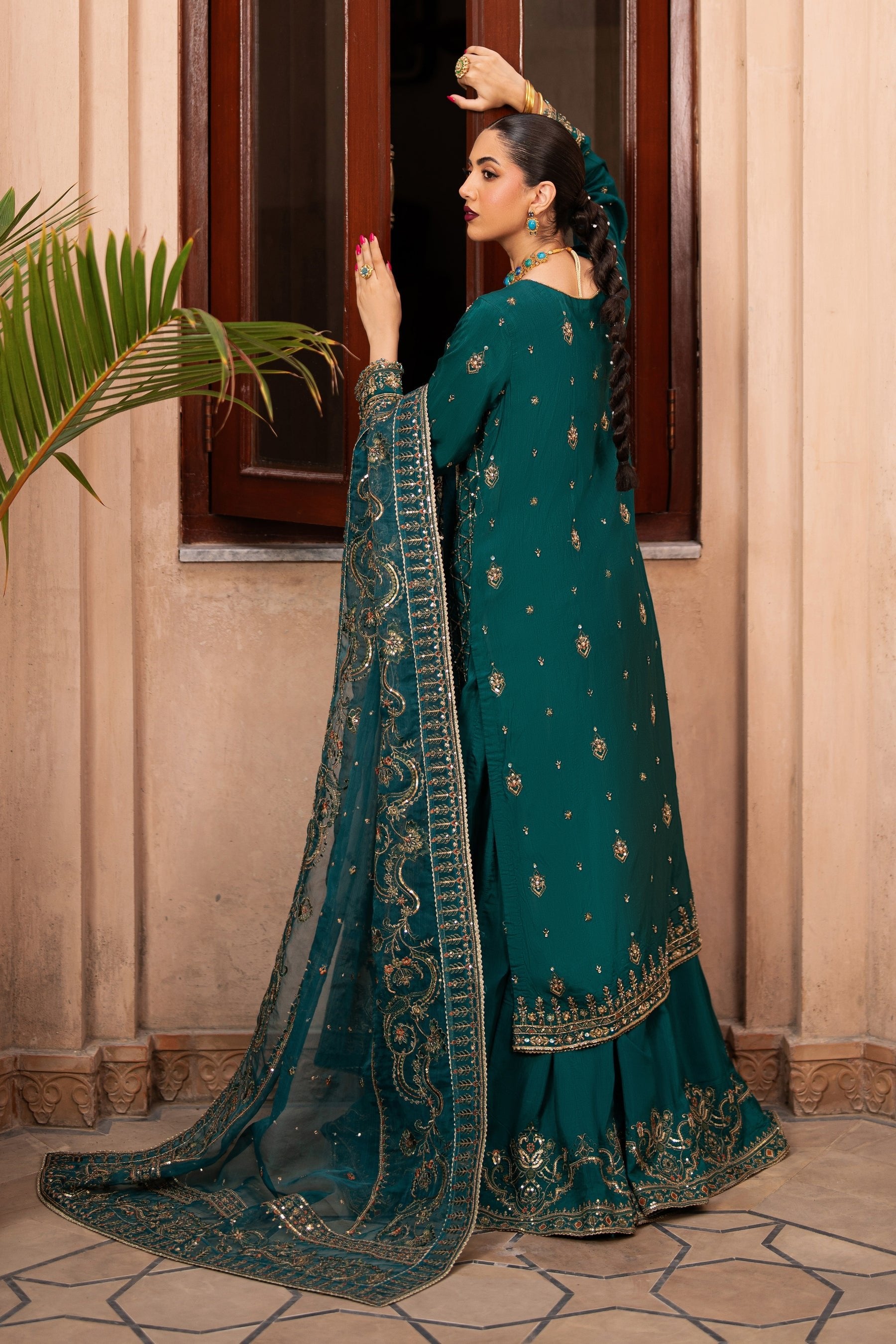 Naqshi Zinc Green Raw Silk Embroidered Luxury Wedding Sharara Suit