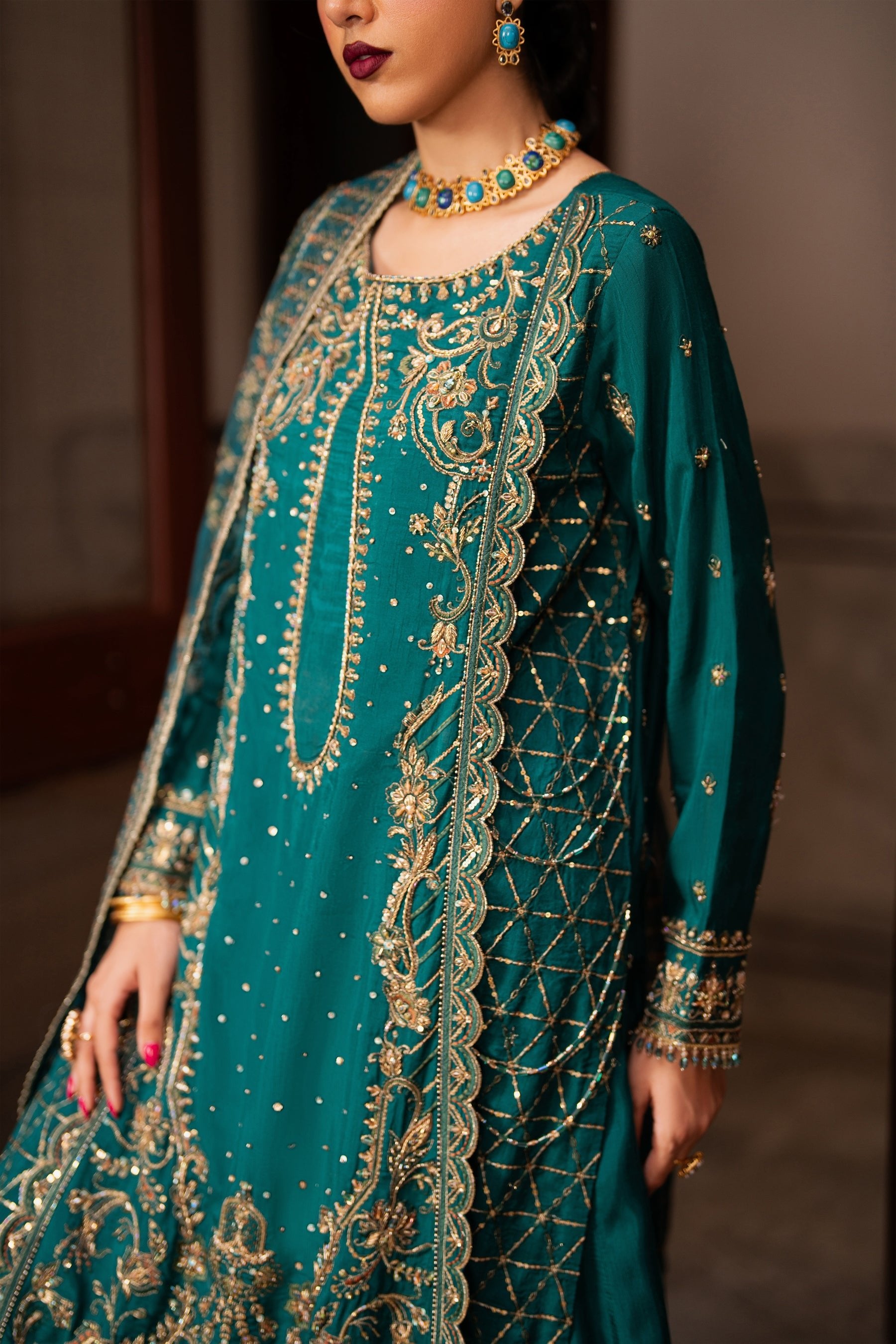 Naqshi Zinc Green Raw Silk Embroidered Luxury Wedding Sharara Suit