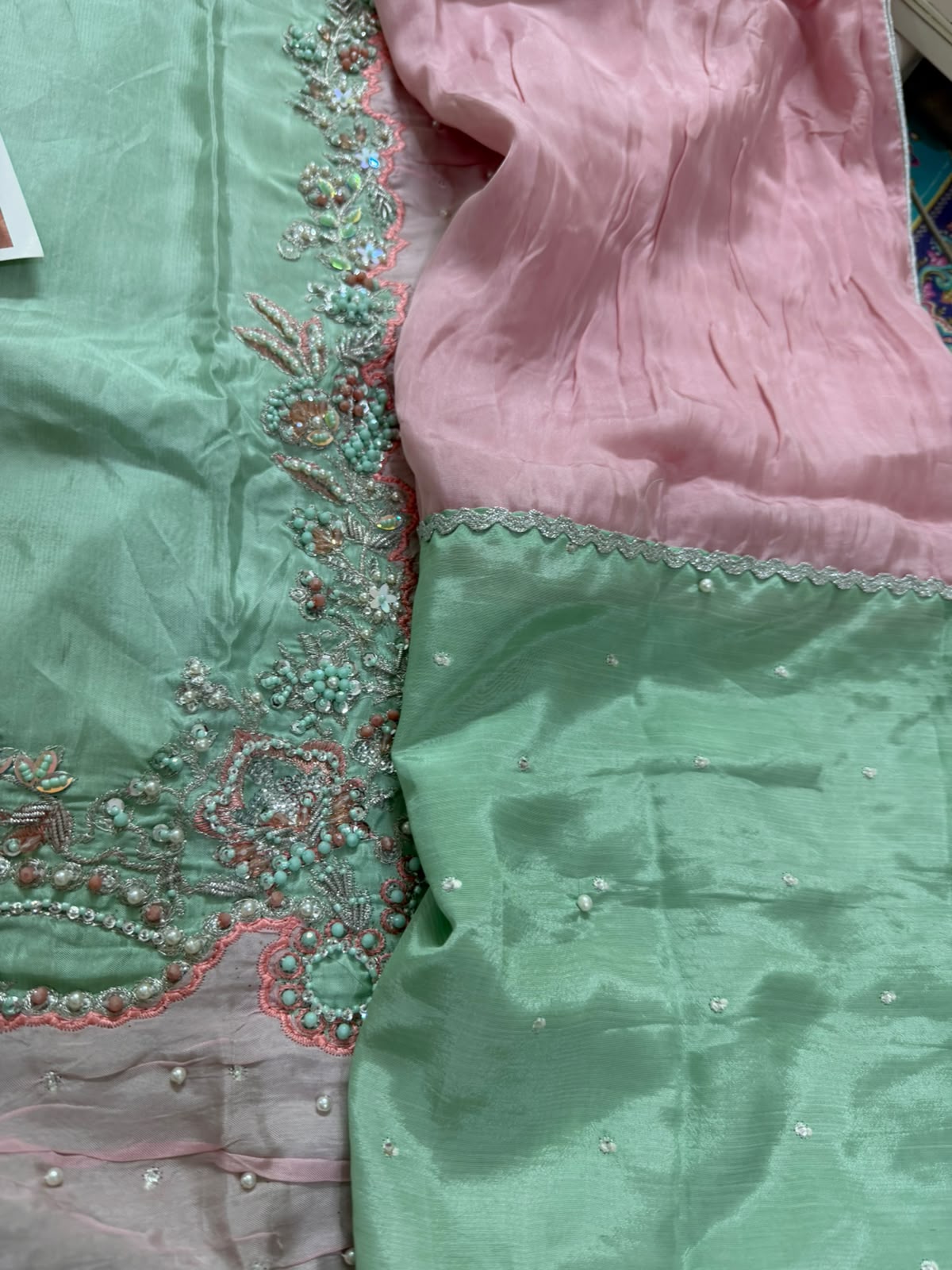 Mehak Yaqoob Mint & Blush Silk Luxury Embroidered Wedding Suit Master Replica