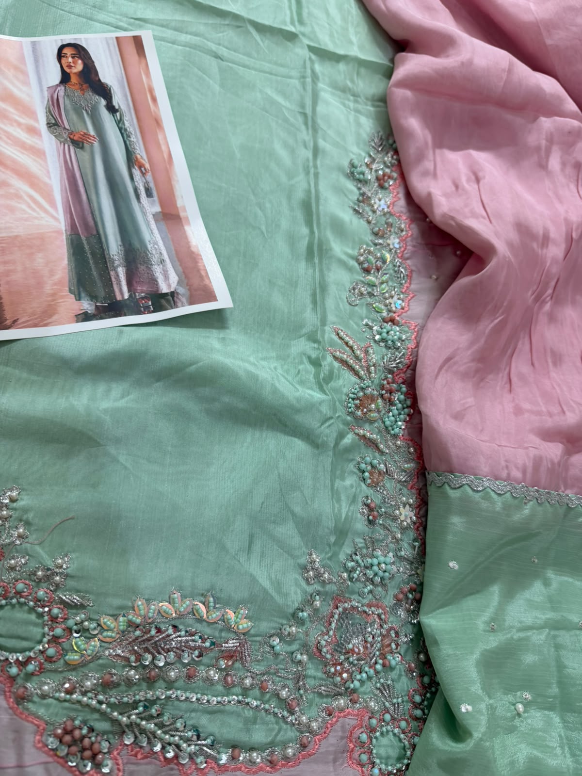 Mehak Yaqoob Mint & Blush Silk Luxury Embroidered Wedding Suit Master Replica